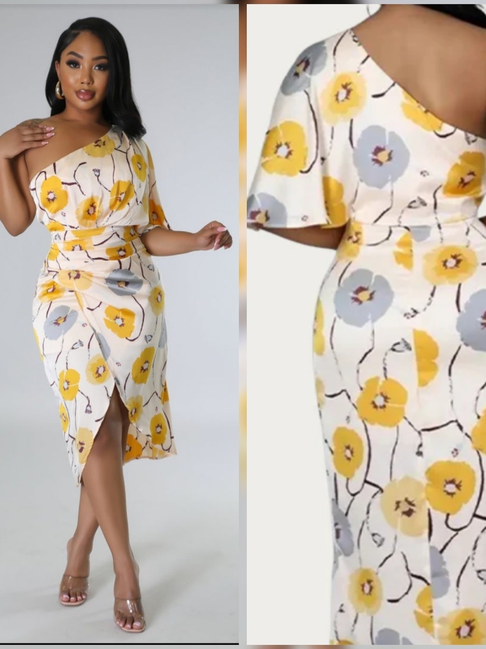 One-Shoulder Floral Midi Dress in Yellow & Gray Mustard FLORAL